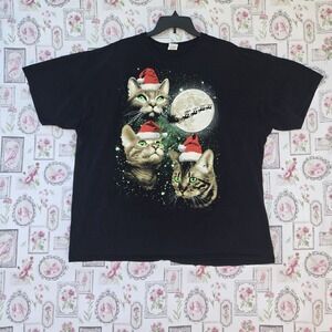 Christmas Tabby Cats Santa Sleigh In Front Of Moon Tee  3XL Crazy Cat Lady Lover